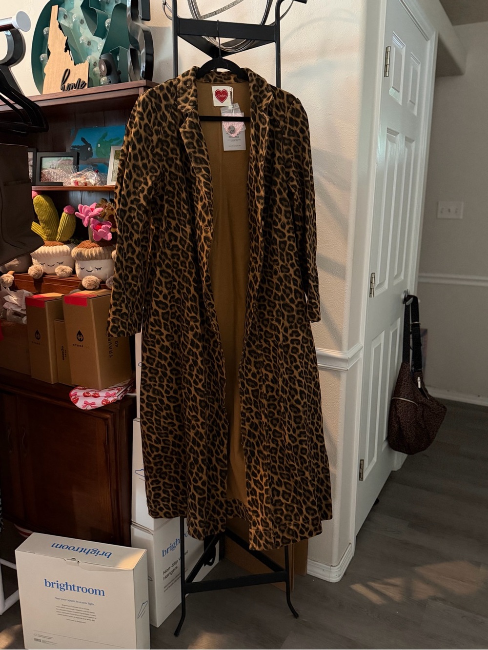Leopard Print Long Duster Coat - Brown/Black
